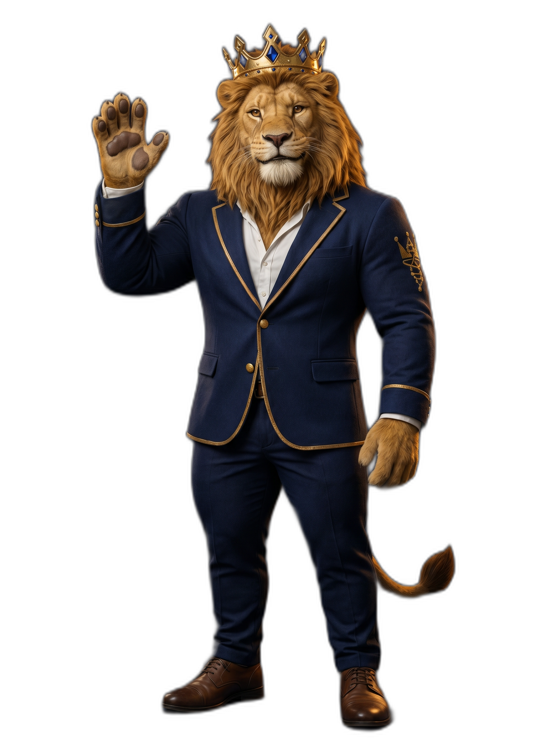 Mascote Kings Pep — Leão Rei dos Peptídeos acenando